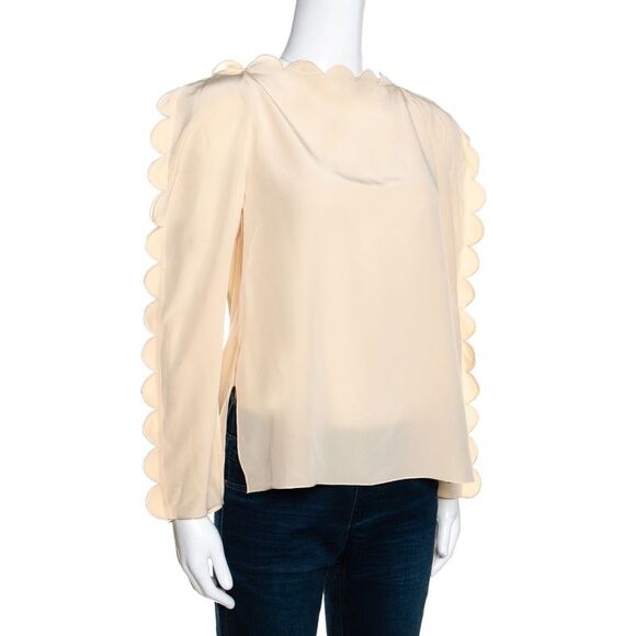 Fendi Cream Silk Scalloped Long Sleeve Blouse S